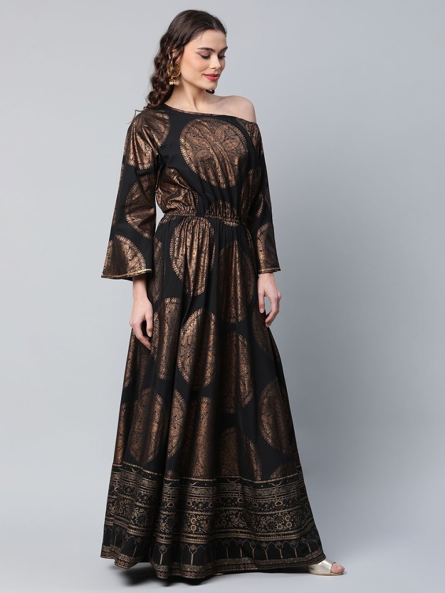 Ahalyaa Womens Black Crepe Copper Foil Printed Maxi Dress | Swadesiicart