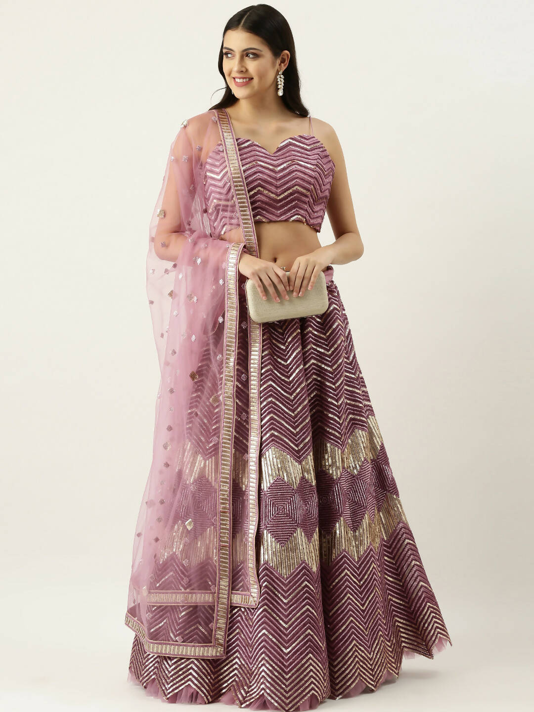 House of Panchhi Lavender - Net Embroidered Lehenga with Zig-Zag Pattern | Swadesiicart