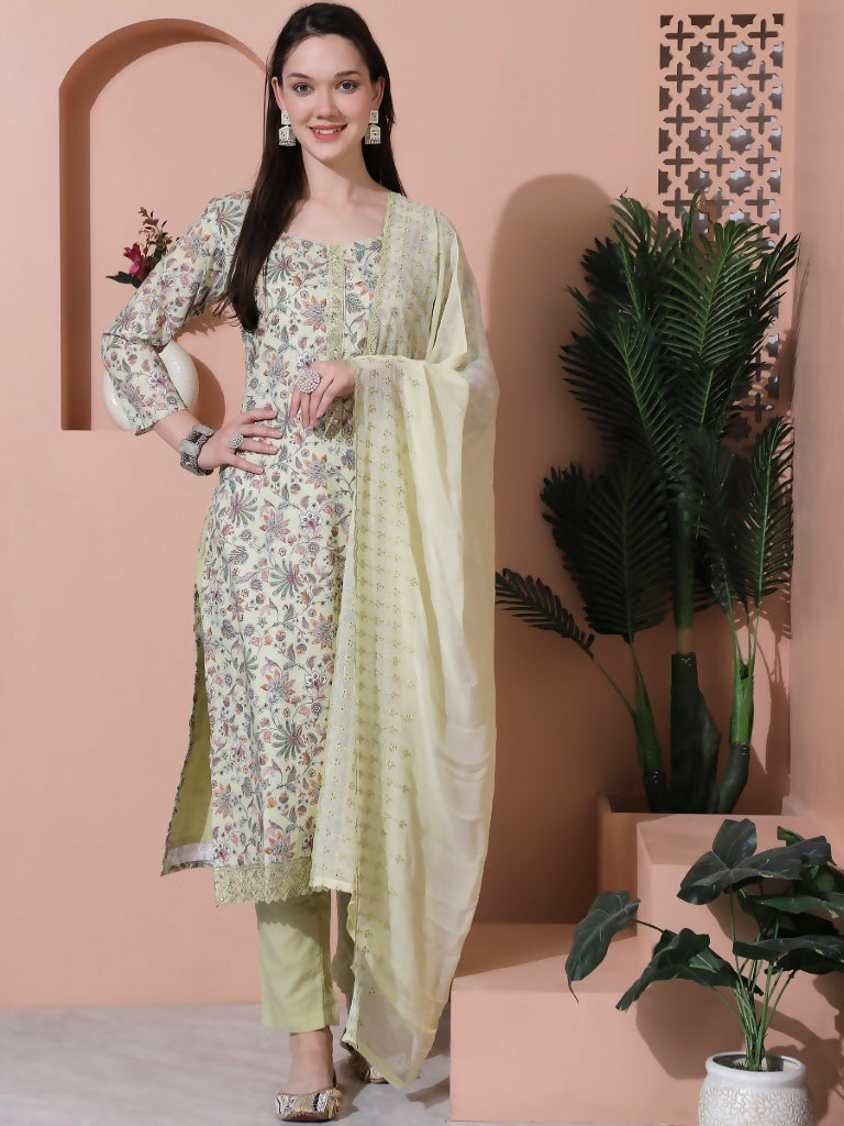 Jyoti Fashion Women's Green Cotton Floral Digital Printed Kurta with Trouser & Dupatta | Swadesiicart