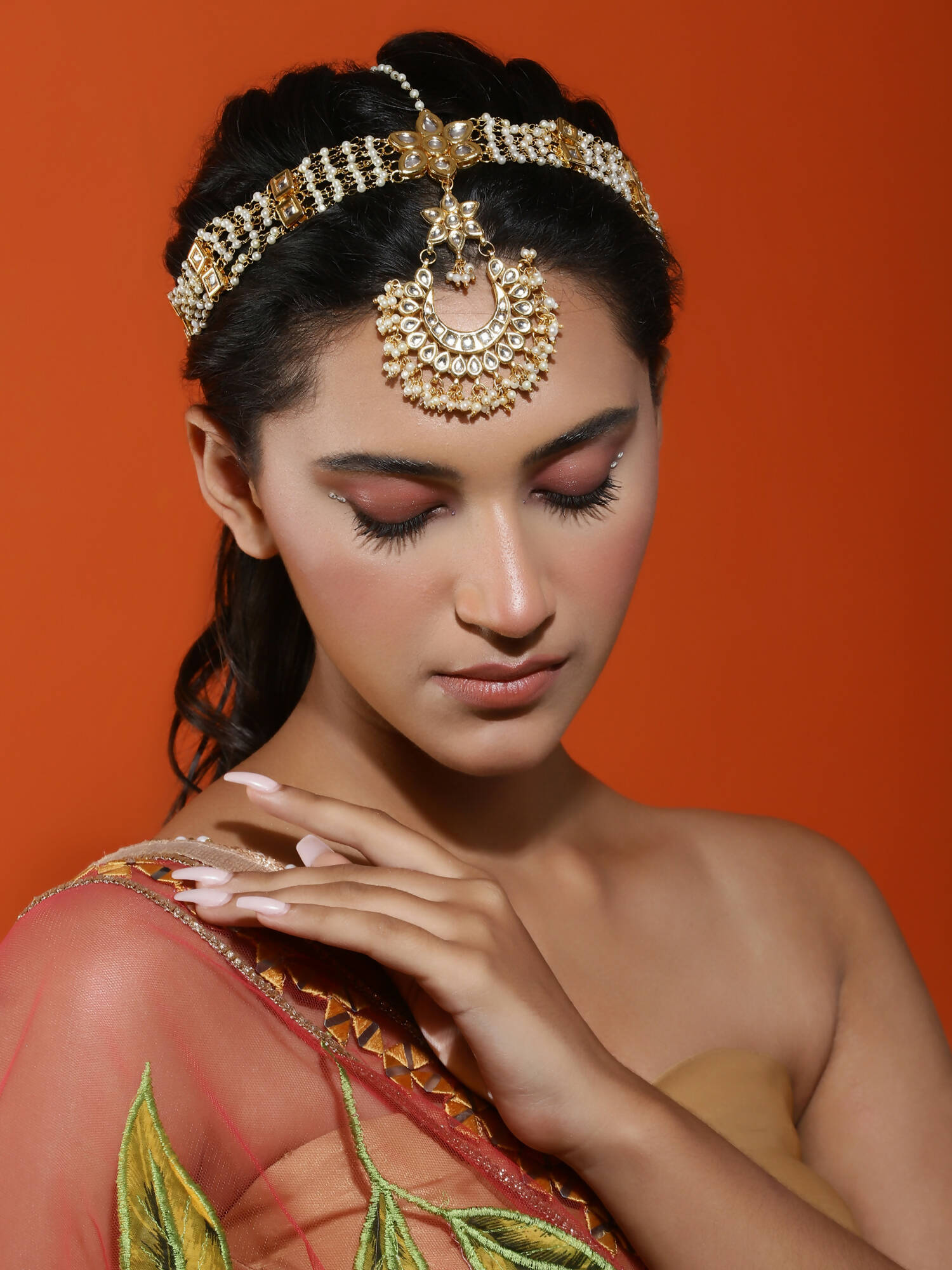 Gold-Polished White Kundan-Studded Pearl Beaded Matha Patti - Ruby Raang | Swadesiicart