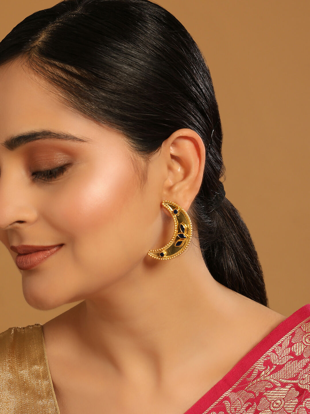 Nuyug 22K Gold-Plated Stone Studded Crescent Shaped Stud Earrings | Swadesiicart