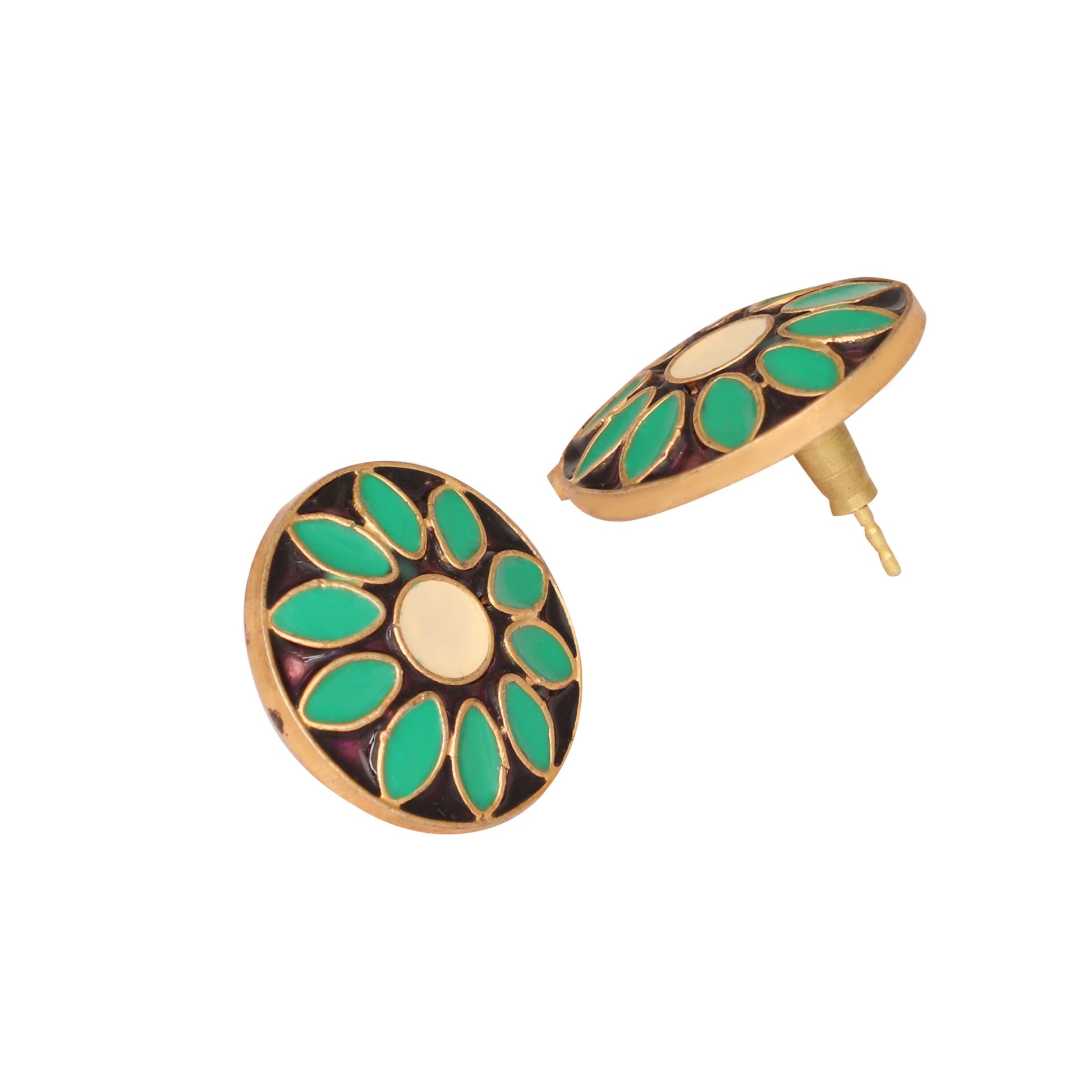 Nuyug 22K Gold Plated Circular Shaped Sea Green Enamelled Floral Motif Studs | Swadesiicart