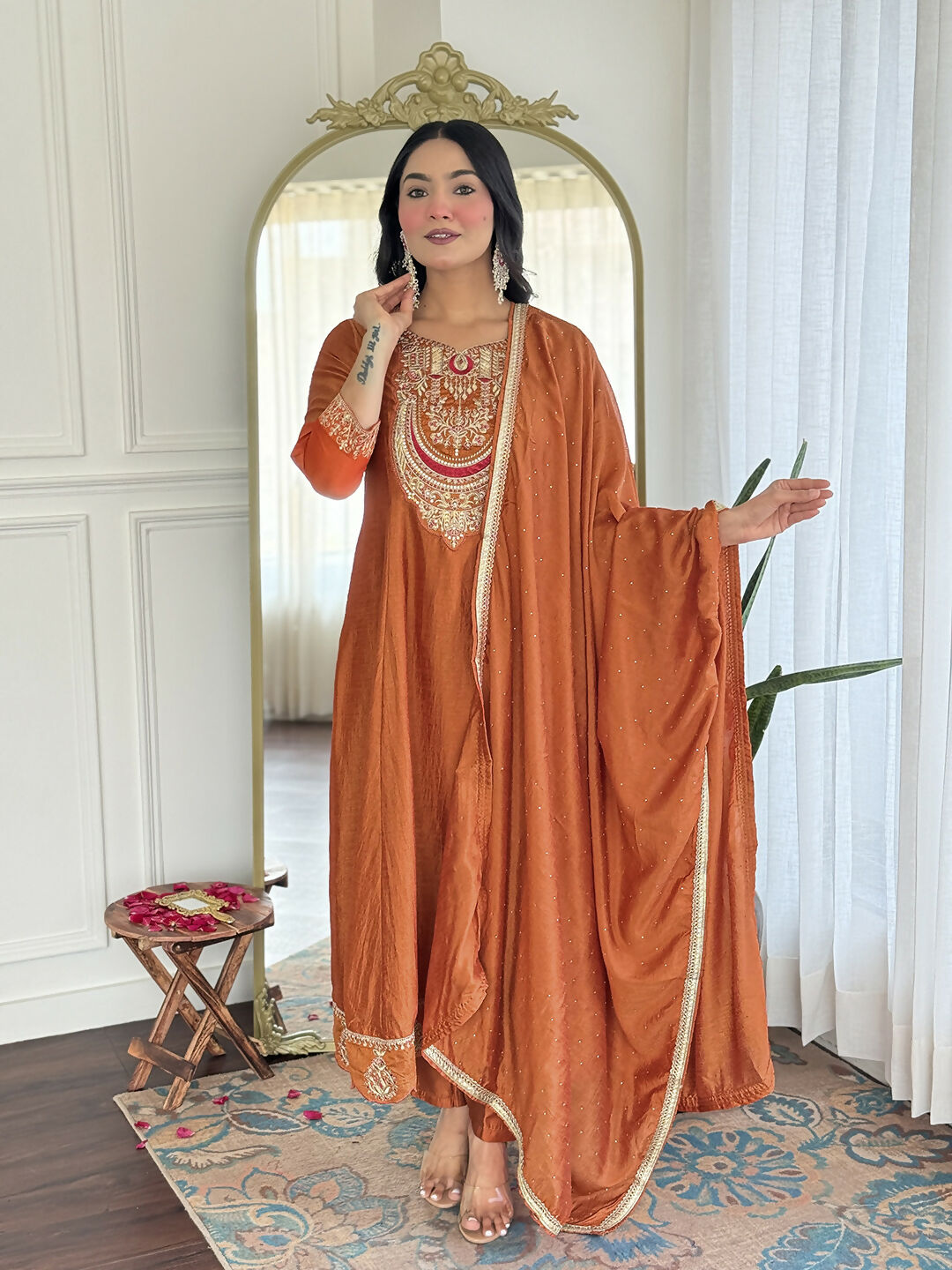 The52 Rust Women's Gorgeous Embroidered Vichitra Silk Fabric Flared Kurta, Pant and Dupatta Set - Swadesiicart