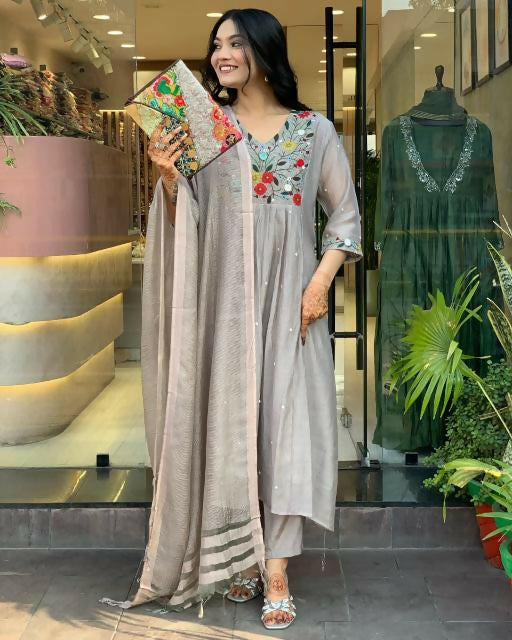 The52 Grey Women's Gorgeous Chinon Viscose Fabric Embroidered Work Straight Kurta Pant and Dupatta Set - Swadesiicart