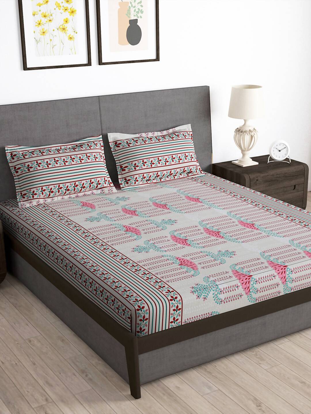 Story@home Grey & Pink Ethnic Motifs 180 TC Bedsheet with Pillow Cover - Swadesiicart