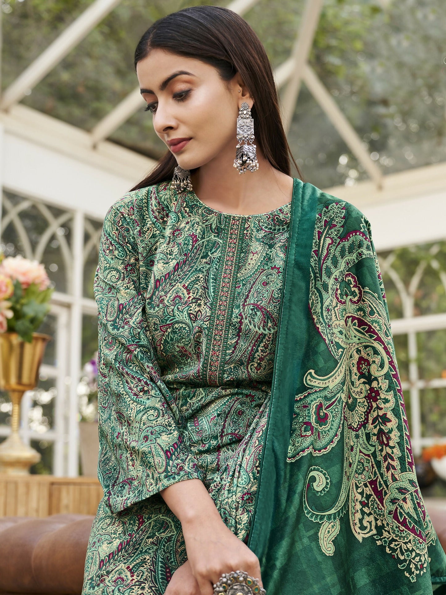 Jyoti Fashion Women's Green Velvet Digital Print with Resham Thread work Kurta with Trouser & Dupatta | Swadesiicart