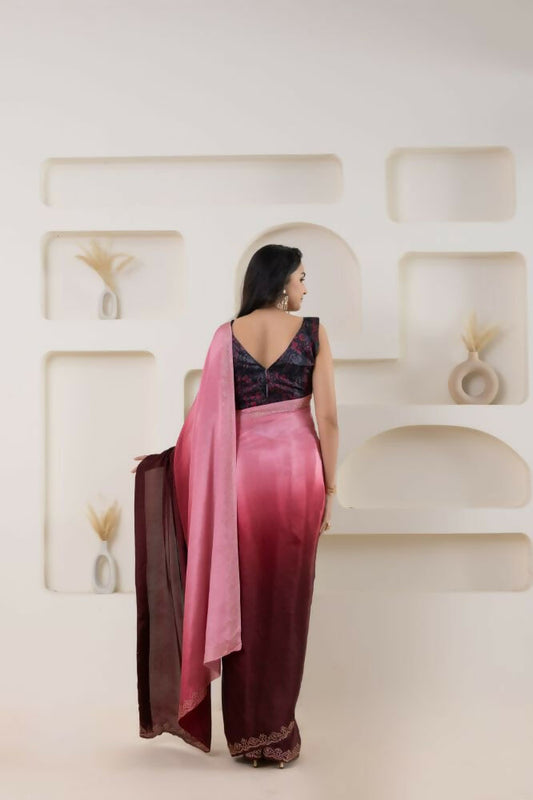Pink Satin Pedding Designer, Printed Party Wear Ready To Wear Saree - Femina | Swadesiicart