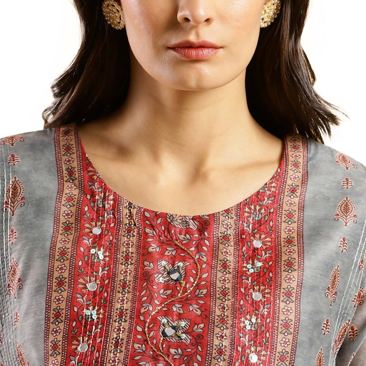 Grey Chinon Digital Printed With Hand Work Kurta - Himanshi - Swadesiicart