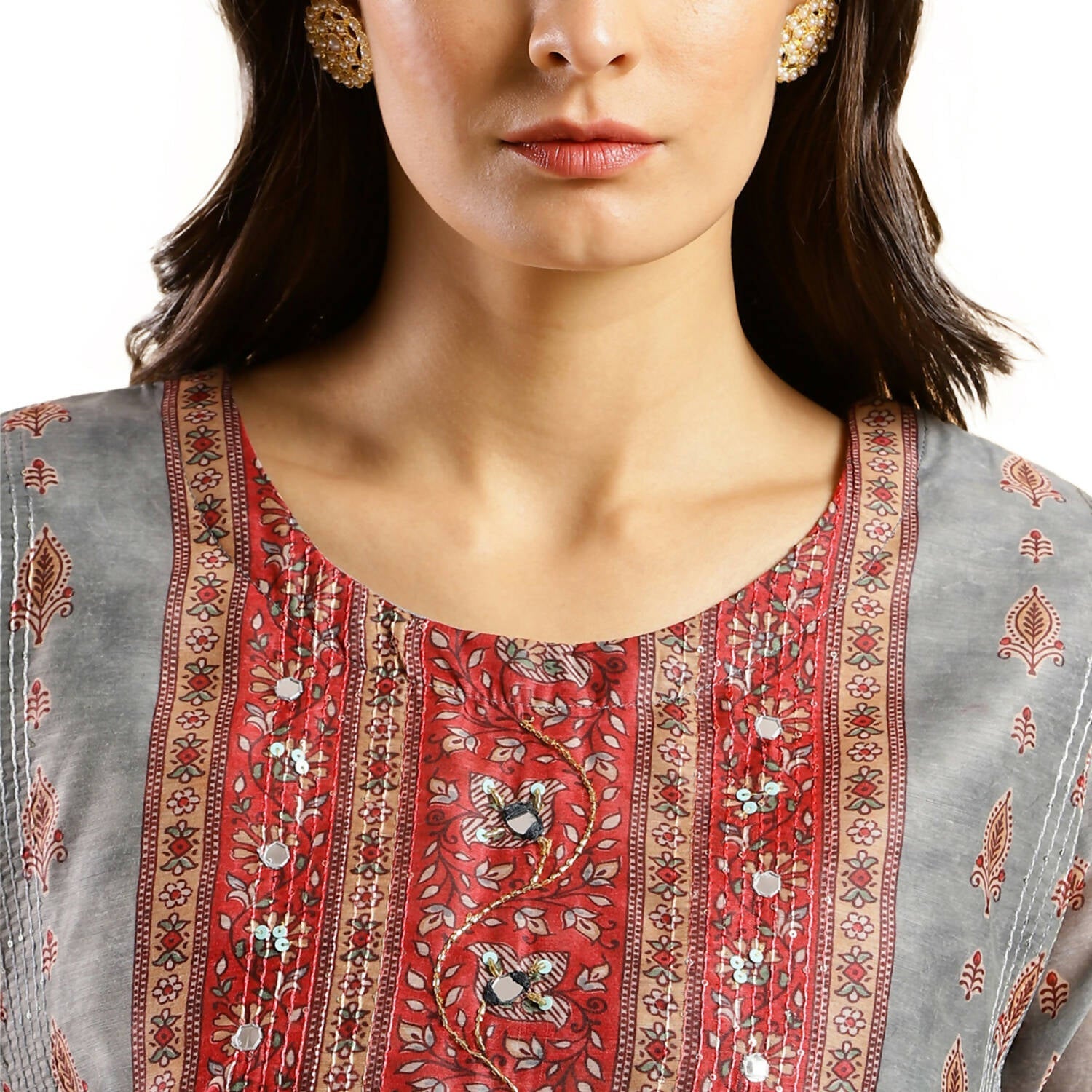 Grey Chinon Digital Printed With Hand Work Kurta - Himanshi - Swadesiicart