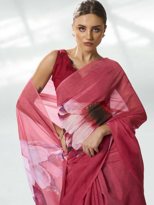 Burgundy Organza Designer Printed Saree - Shezlin