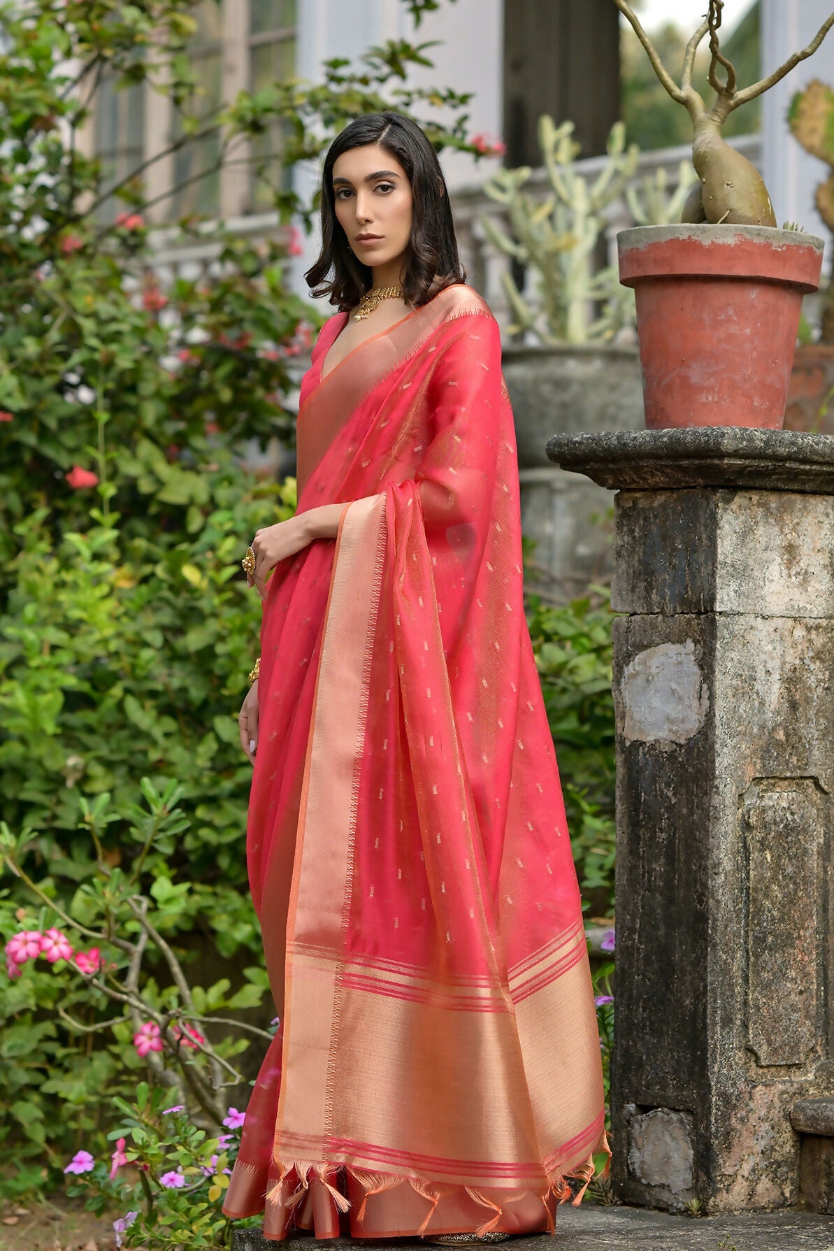 Vishnu Weaves Women's Gajri Soft Tissue Silk Zari Woven Saree with Blouse - Swadesiicart
