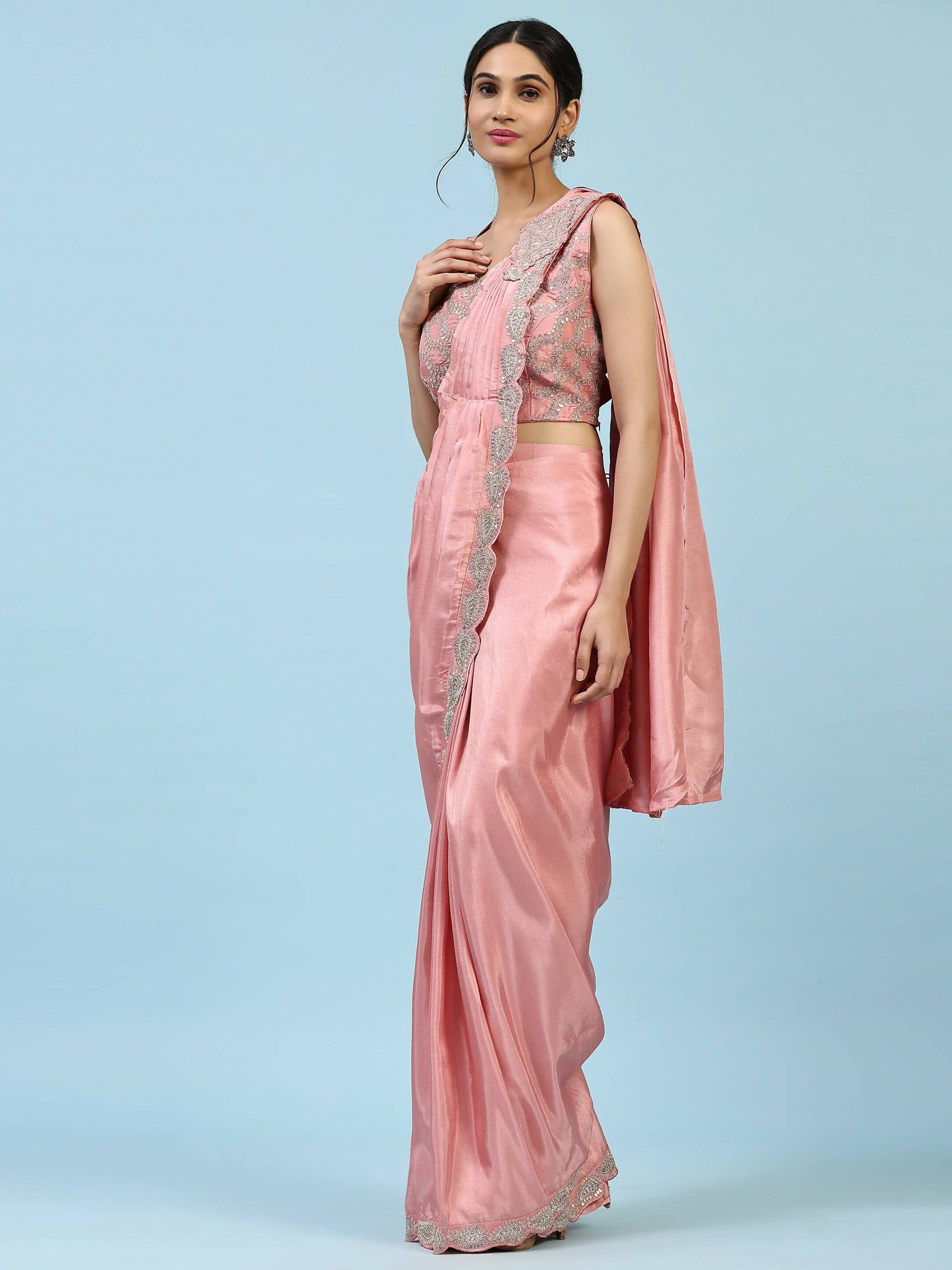 Peach Silk Satin Plain Ready to wear Saree with stitched Blouse - Vrinda | Swadesiicart