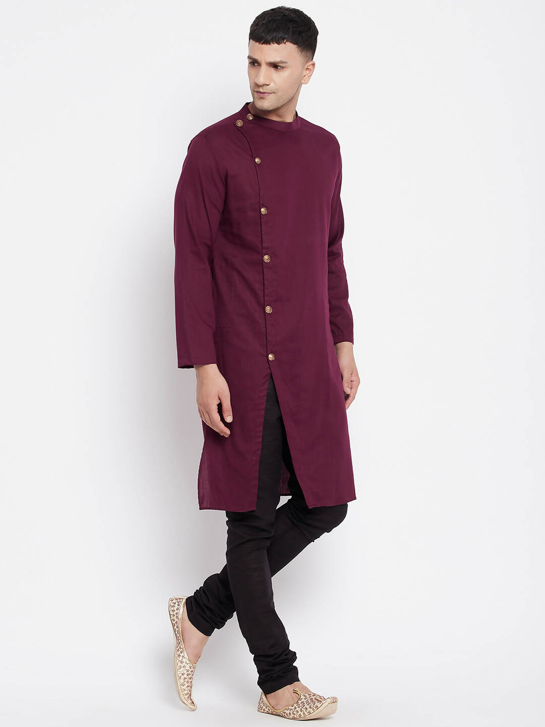 Even Apparels Maroon Pure Cotton Men's Sherwani Kurta With Asymetrical Cut | Swadesiicart