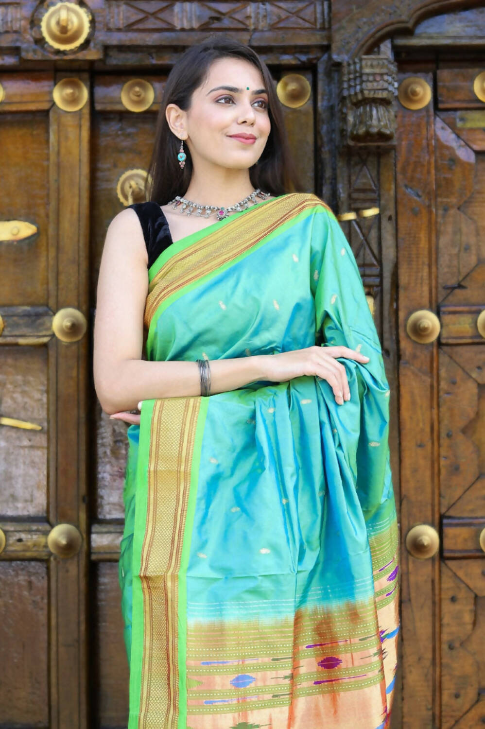 Very Much Indian Pure Silk Handloom Paithani -Dual Tone Blue Green | Swadesiicart