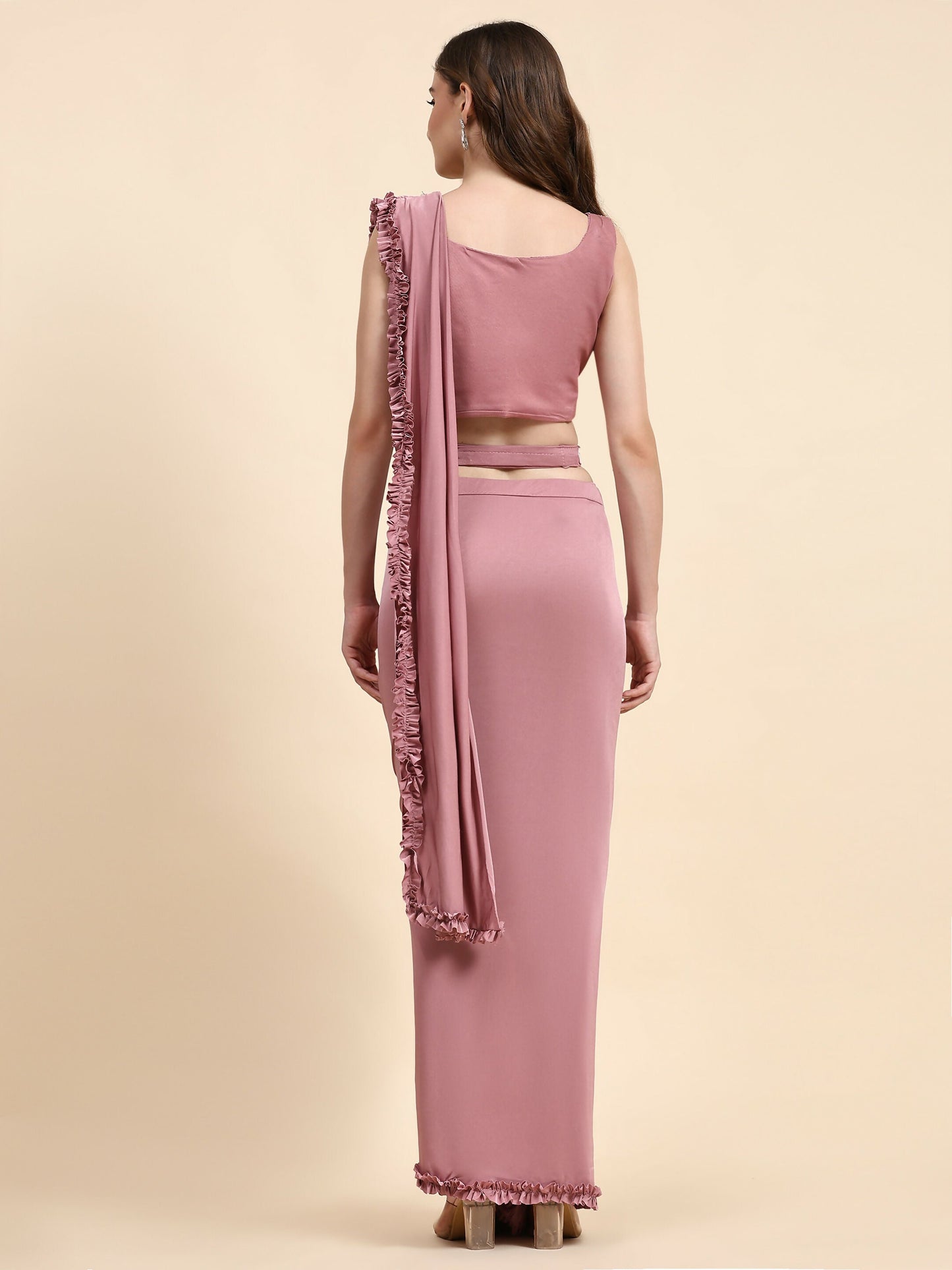 Pink Lycra Solid Ready to wear Saree with stitched Blouse - Vanita | Swadesiicart