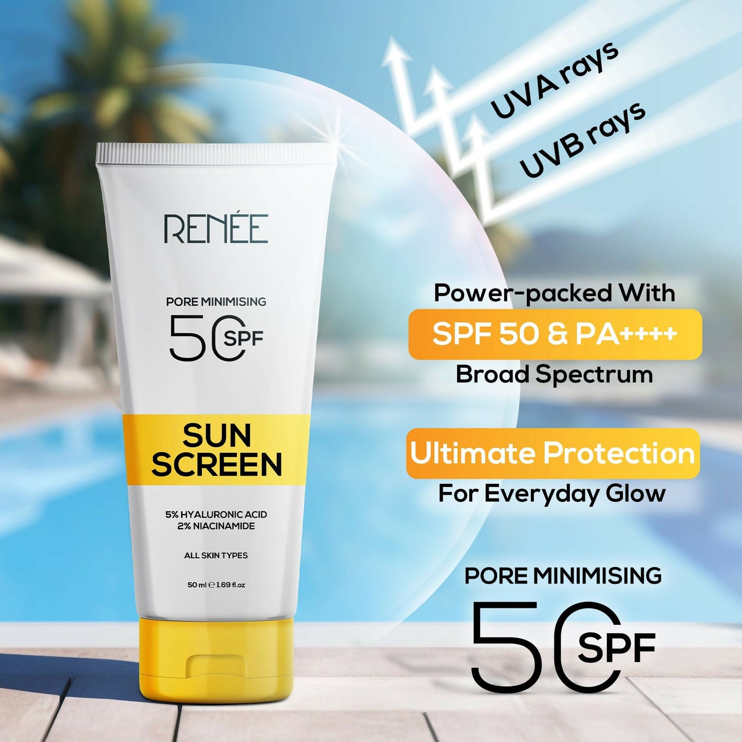 Renee Pore Minimizing Sunscreen Spf 50 With 5% Hyaluronic Acid & 2% Niacinamide For All Skins - Swadesiicart