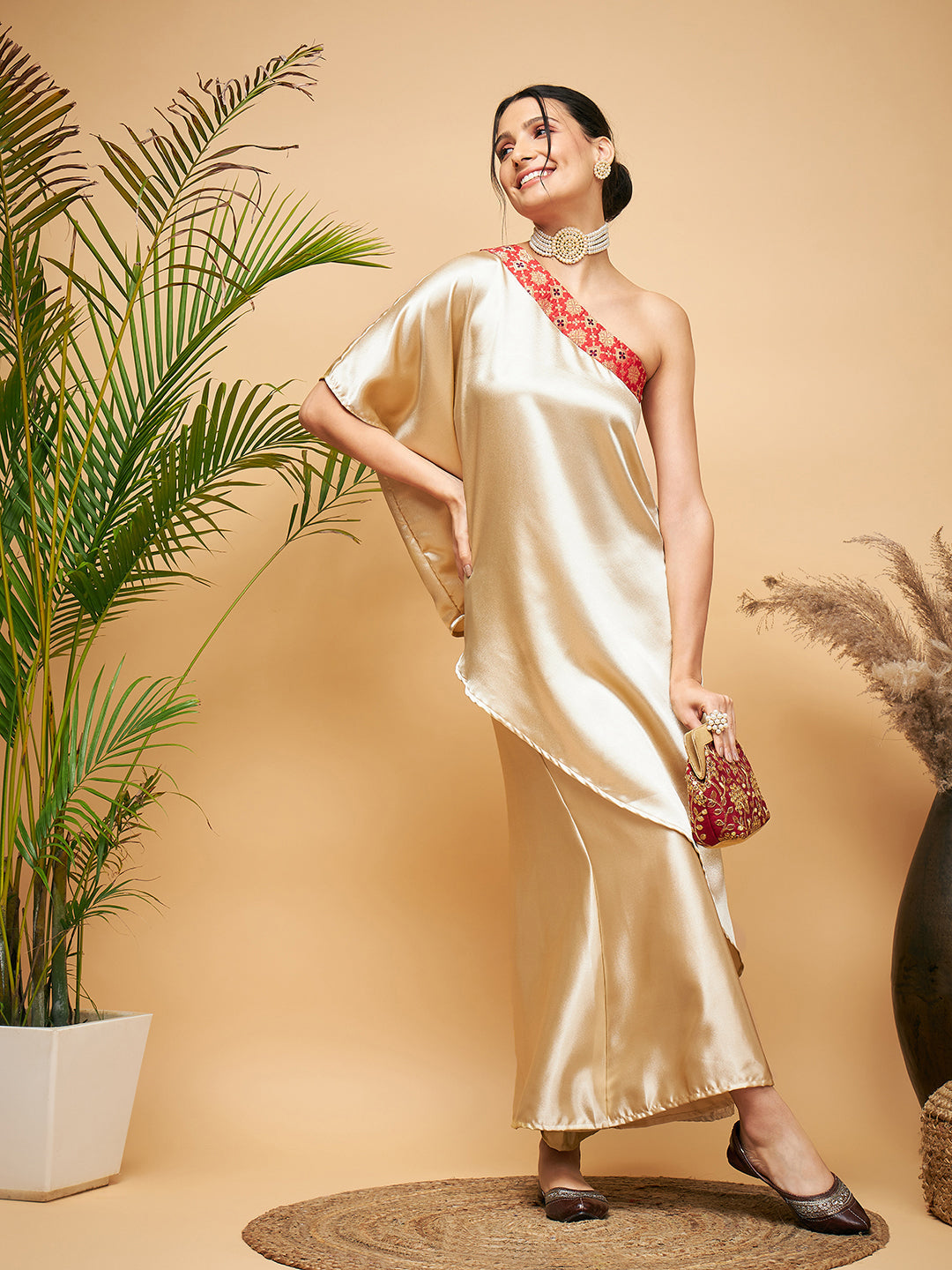 InWeave Women's Beige Red Brocade Oneshoulder Top Satin W Palazzo Set - Swadesiicart