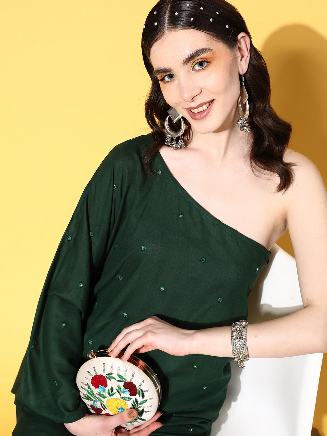 InWeave Women's Green Mirror Work One Shoulder Kurta Set - Swadesiicart