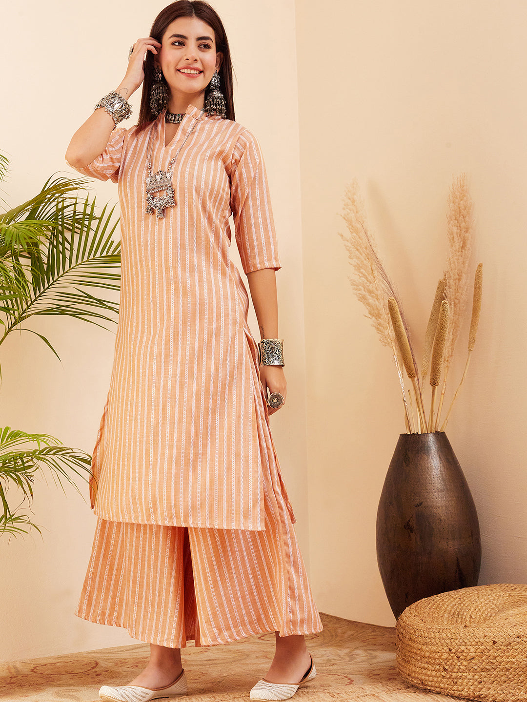 InWeave Women's Light Mustard Lurex Kantha Mandarin Neck Kurta Palazzo Set - Swadesiicart