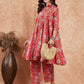 InWeave Women's Red Yellow Floral Print Flared Kurta Pant Set - Swadesiicart