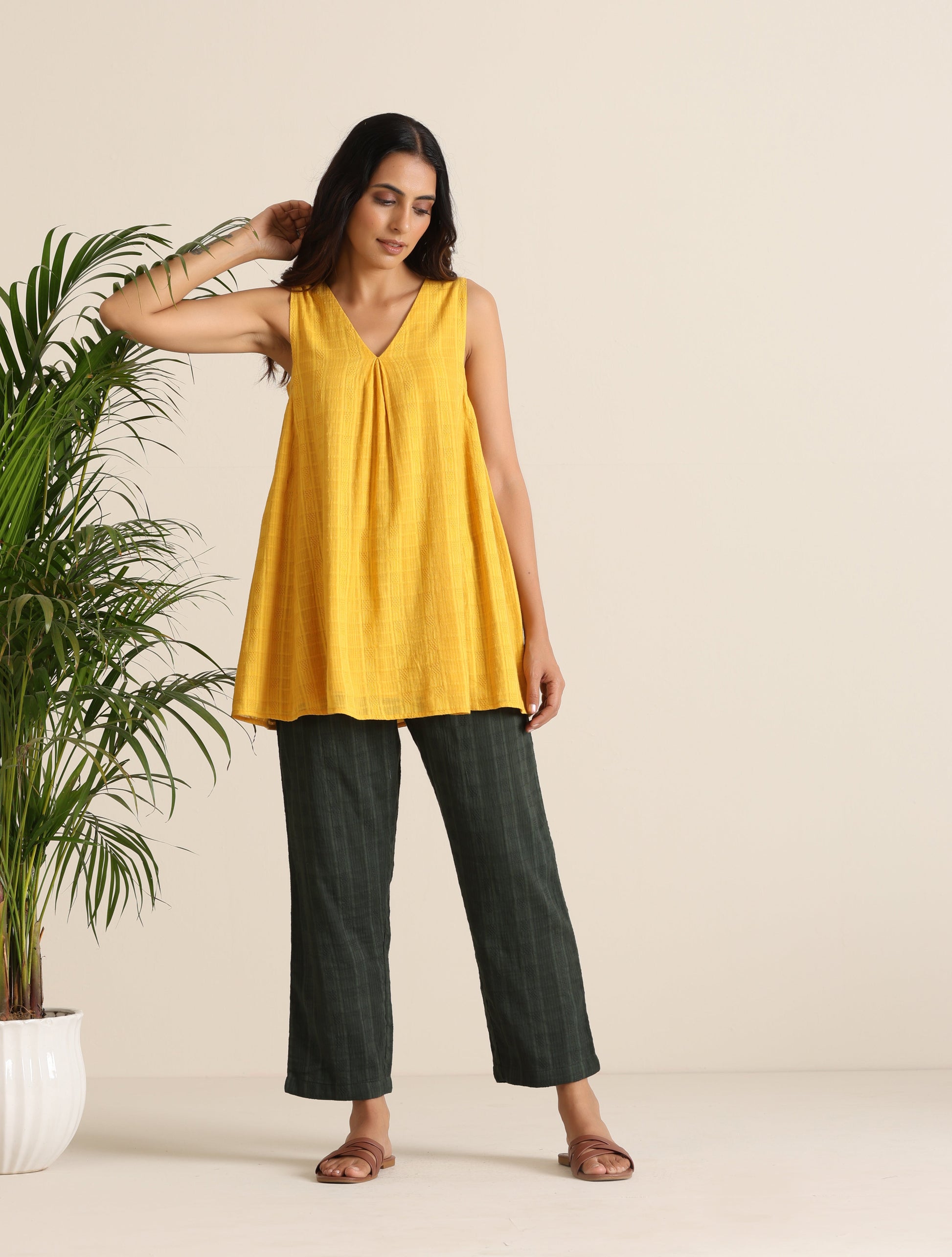 trueBrowns Mustard Cotton Dobby Sleeveless Co-ord Set - Swadesiicart