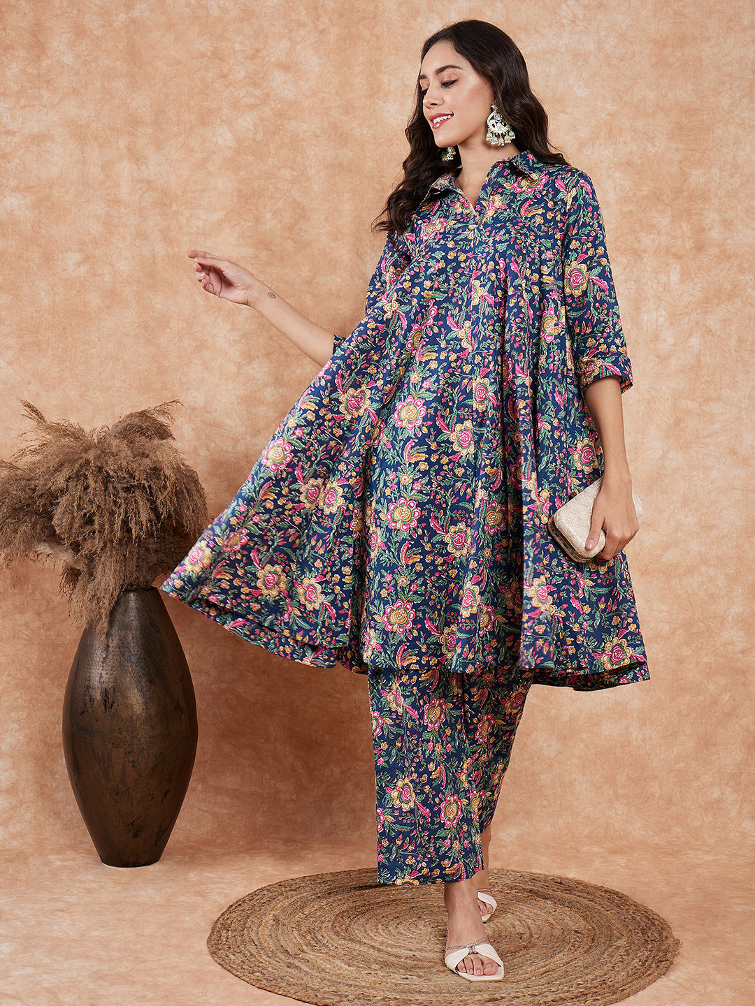 InWeave Women's Blue Green Pink Floral Print Flared Kurta Pant Set - Swadesiicart