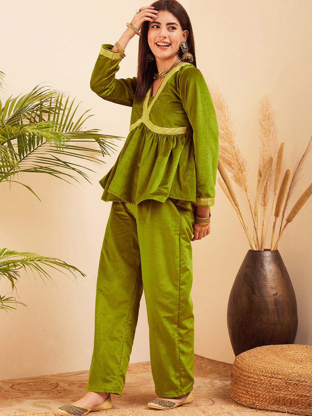 InWeave Women's Olive Mughal Shaan Style Velvet Short Kurta Set - Swadesiicart