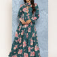 Ahalyaa Floral Print Puff Sleeves Tie-Up Neck Crepe Ethnic Gown With Cut-Out Detail | Swadesiicart
