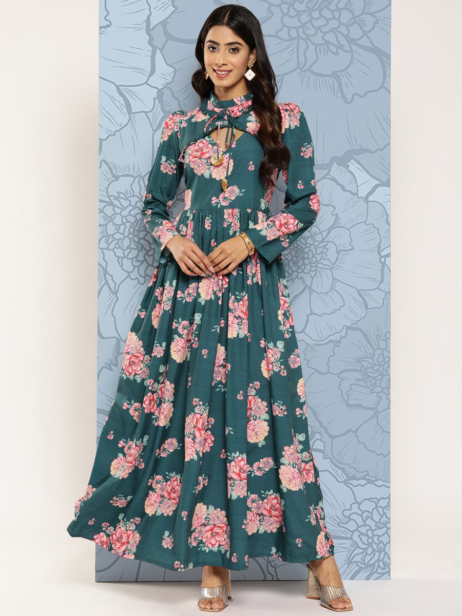 Ahalyaa Floral Print Puff Sleeves Tie-Up Neck Crepe Ethnic Gown With Cut-Out Detail | Swadesiicart