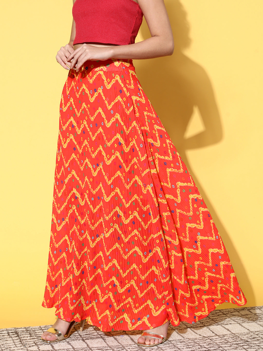 InWeave Women's Orange Bandhej Pleated Skirt - Swadesiicart