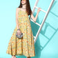 InWeave Women's Yellow Print Back Less Long Kurta Pant Set - Swadesiicart