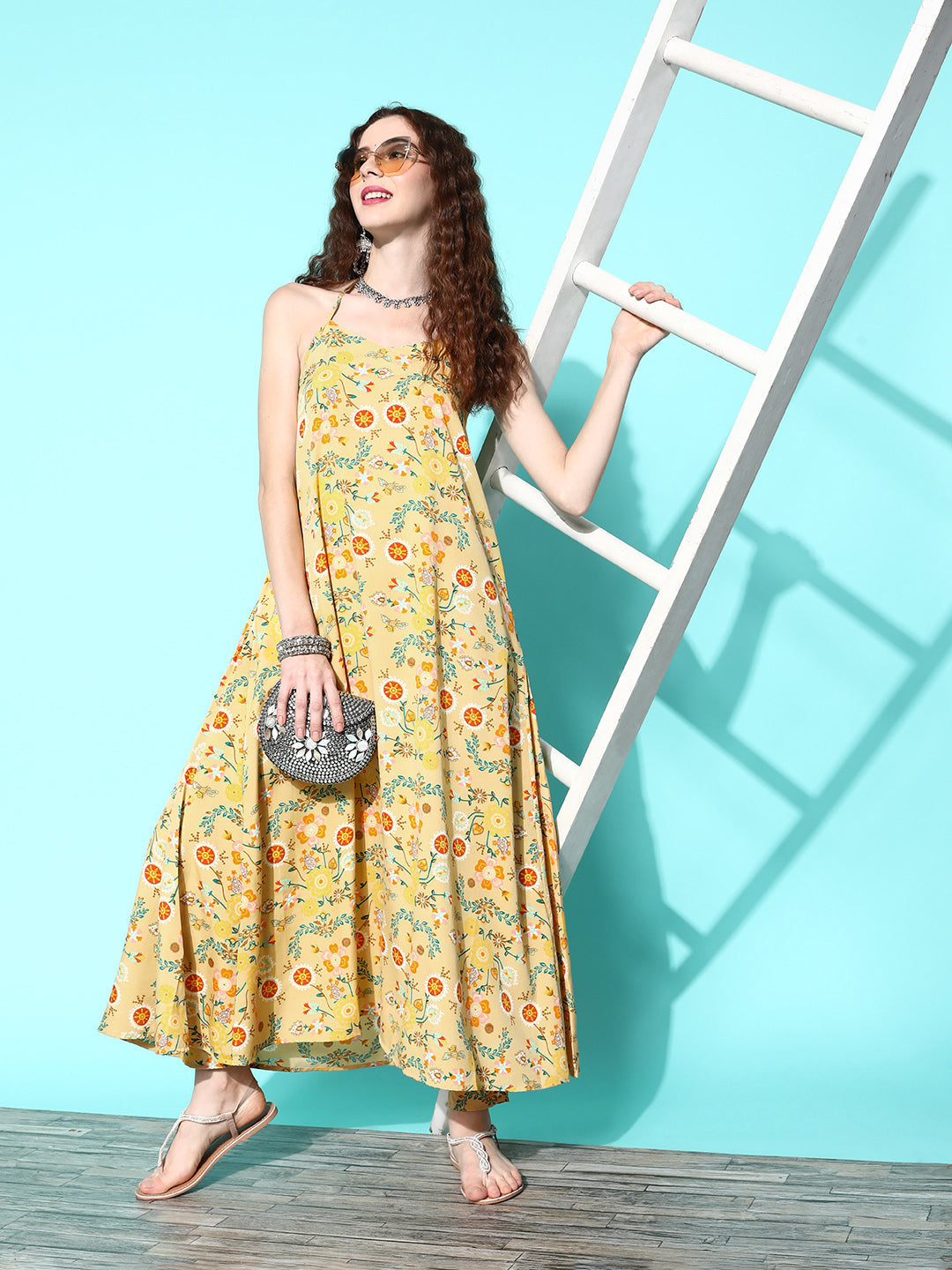 InWeave Women's Yellow Print Back Less Long Kurta Pant Set - Swadesiicart