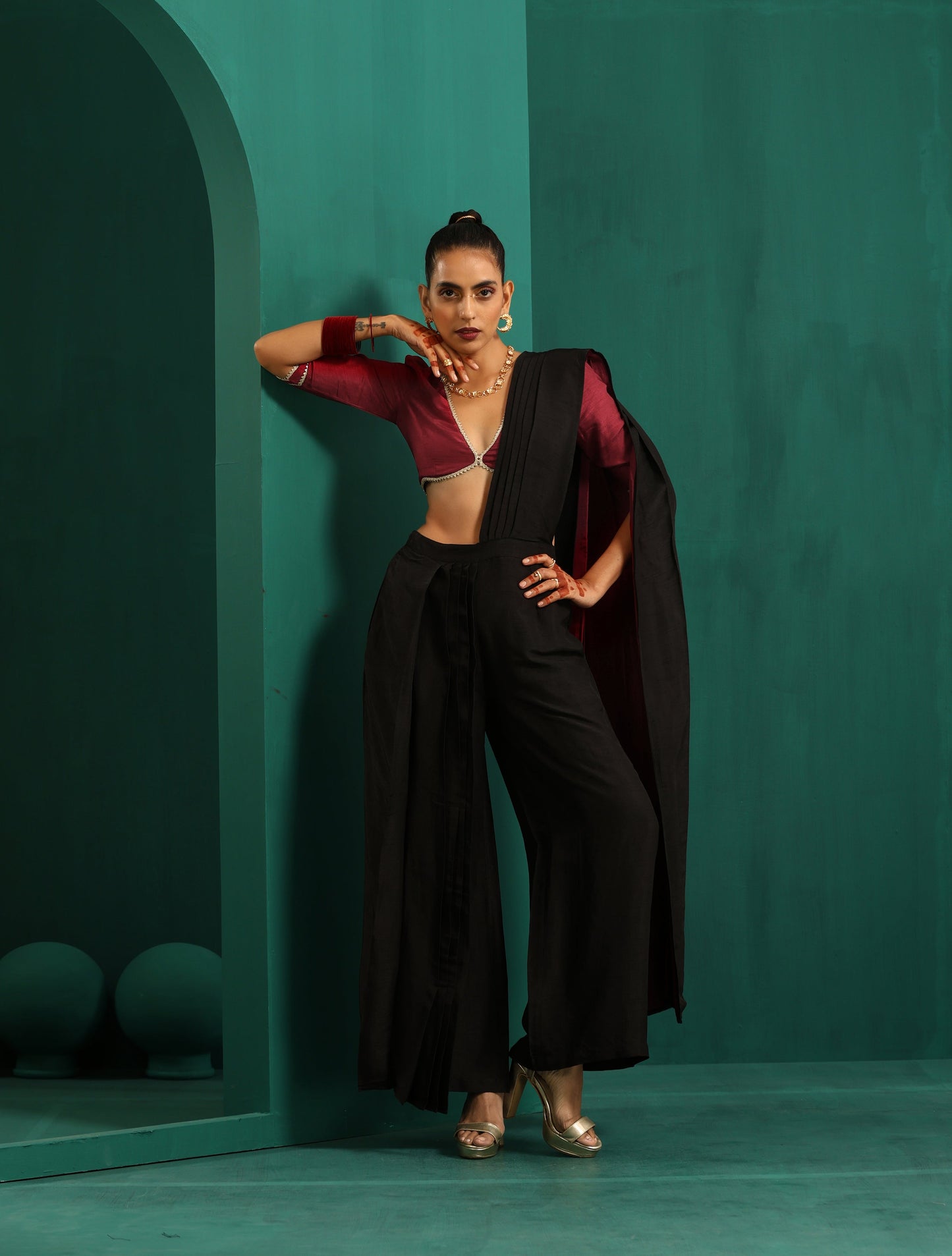 trueBrowns Black Silk Palazzo Stitched Saree | Swadesiicart