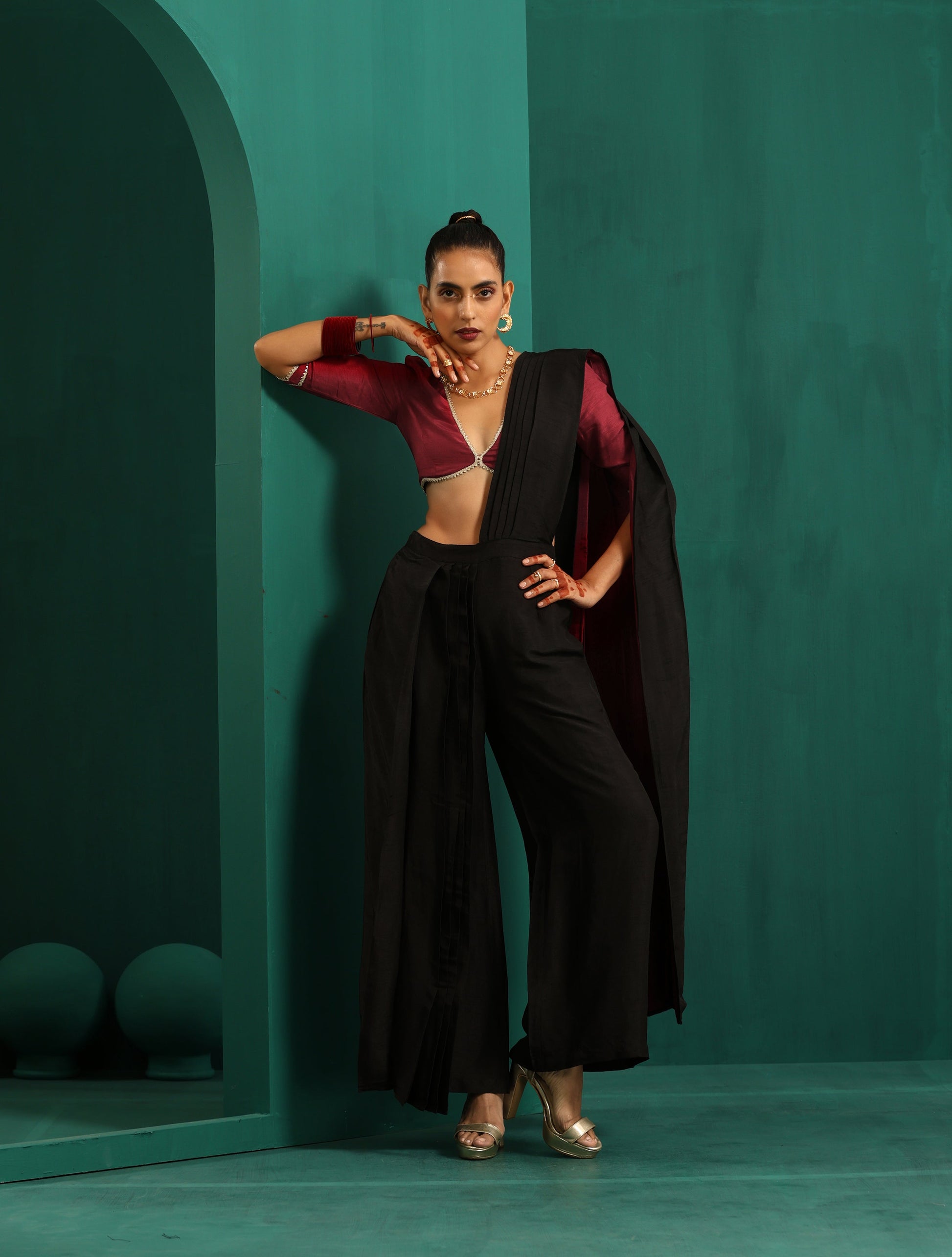 trueBrowns Black Silk Palazzo Stitched Saree | Swadesiicart