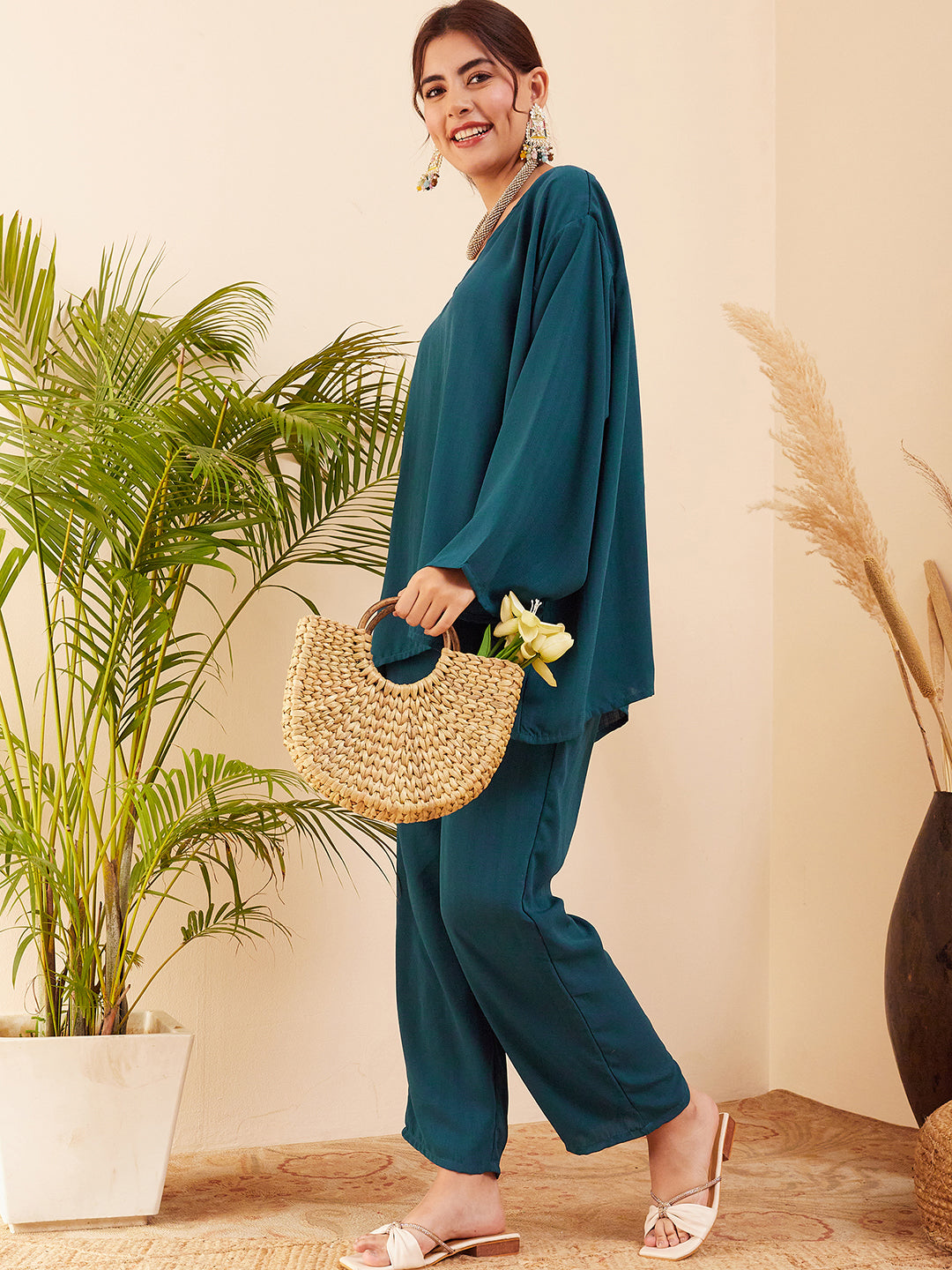 InWeave Women's Dark Ocean Full Sleeve Boho Top Bottom Set - Swadesiicart