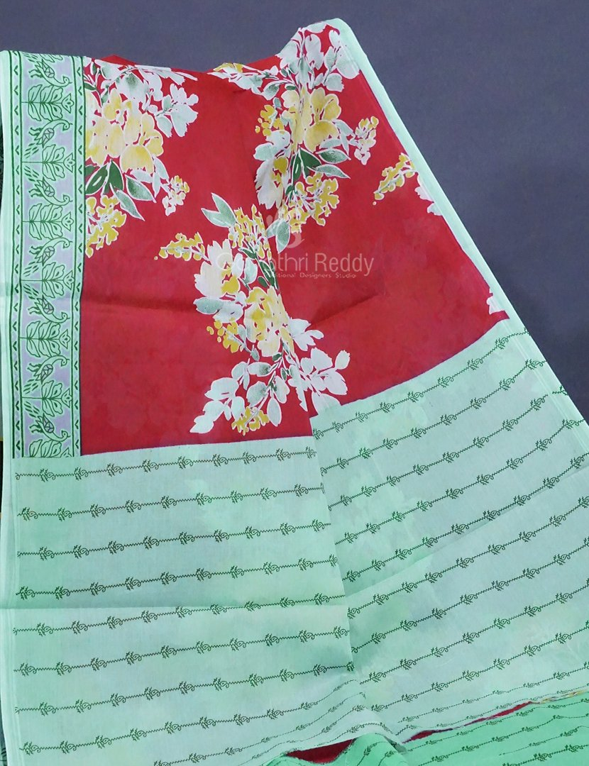 Tomato Red Colour Block Print Pure Mulmul Cotton Saree By Gayathri Reddy Designer Studio | Swadesiicart