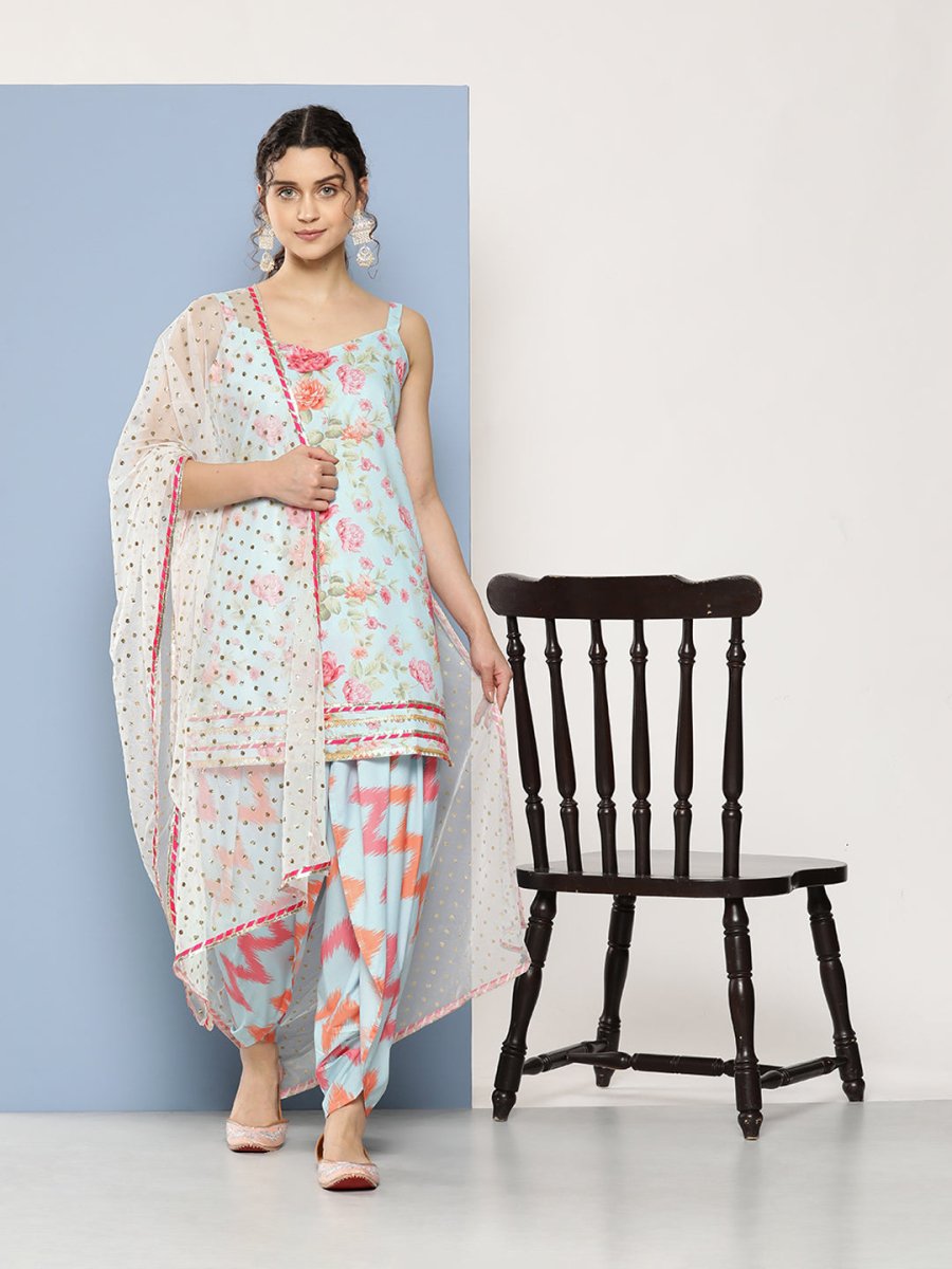 Ahalyaa Women Floral Printed Gotta Patti Kurti With Dhoti Pants & With Dupatta | Swadesiicart