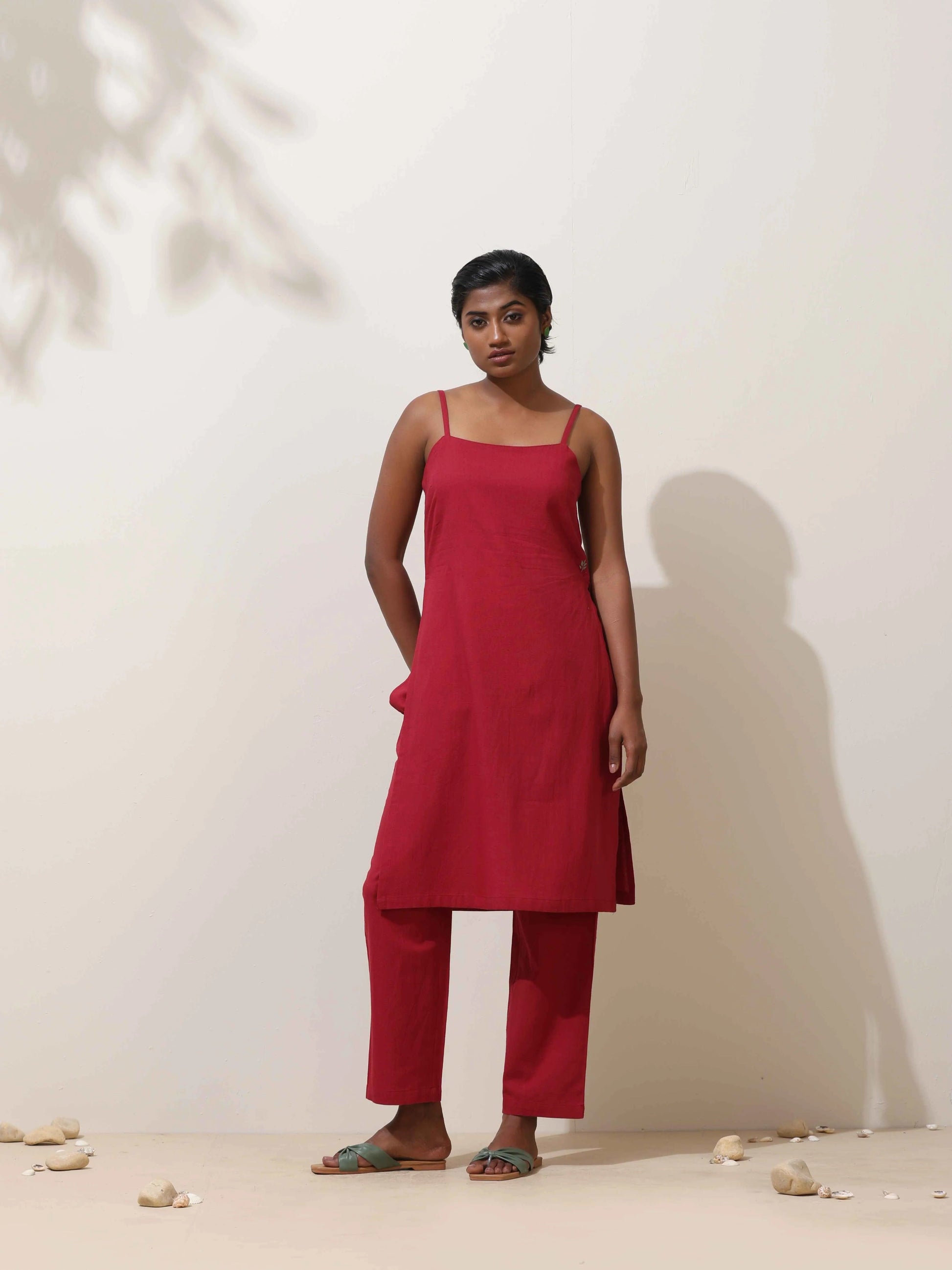trueBrowns Maroon Cotton Linen Kurta Co-Ord Set - Swadesiicart