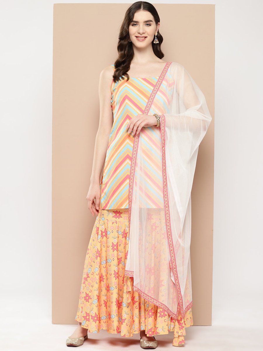 Ahalyaa Women Printed Regular Gotta Patti Kurti with Sharara & With Dupatta | Swadesiicart