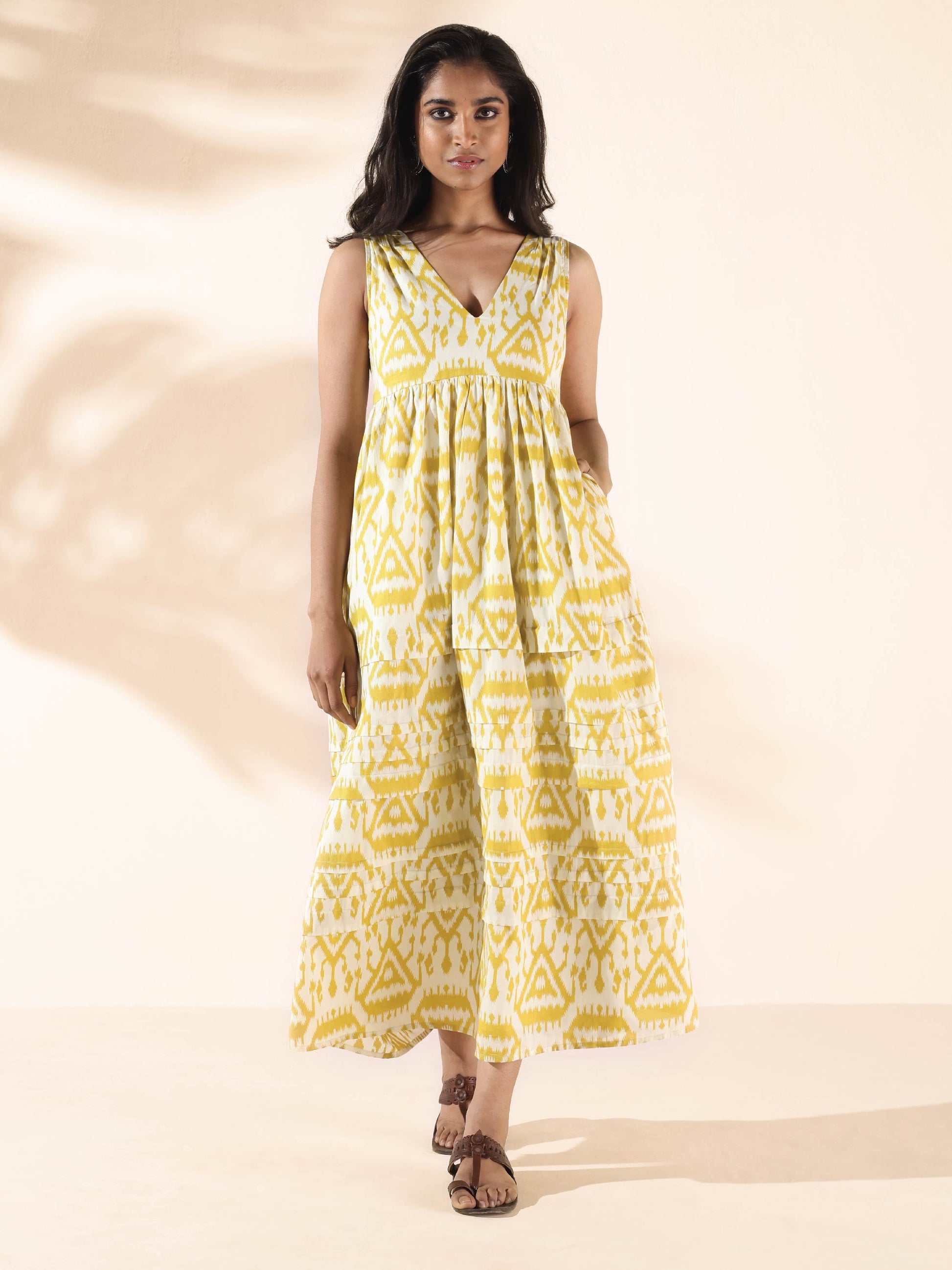 trueBrowns Lime Cotton Ikat Sleeveless Flared Dress | Swadesiicart