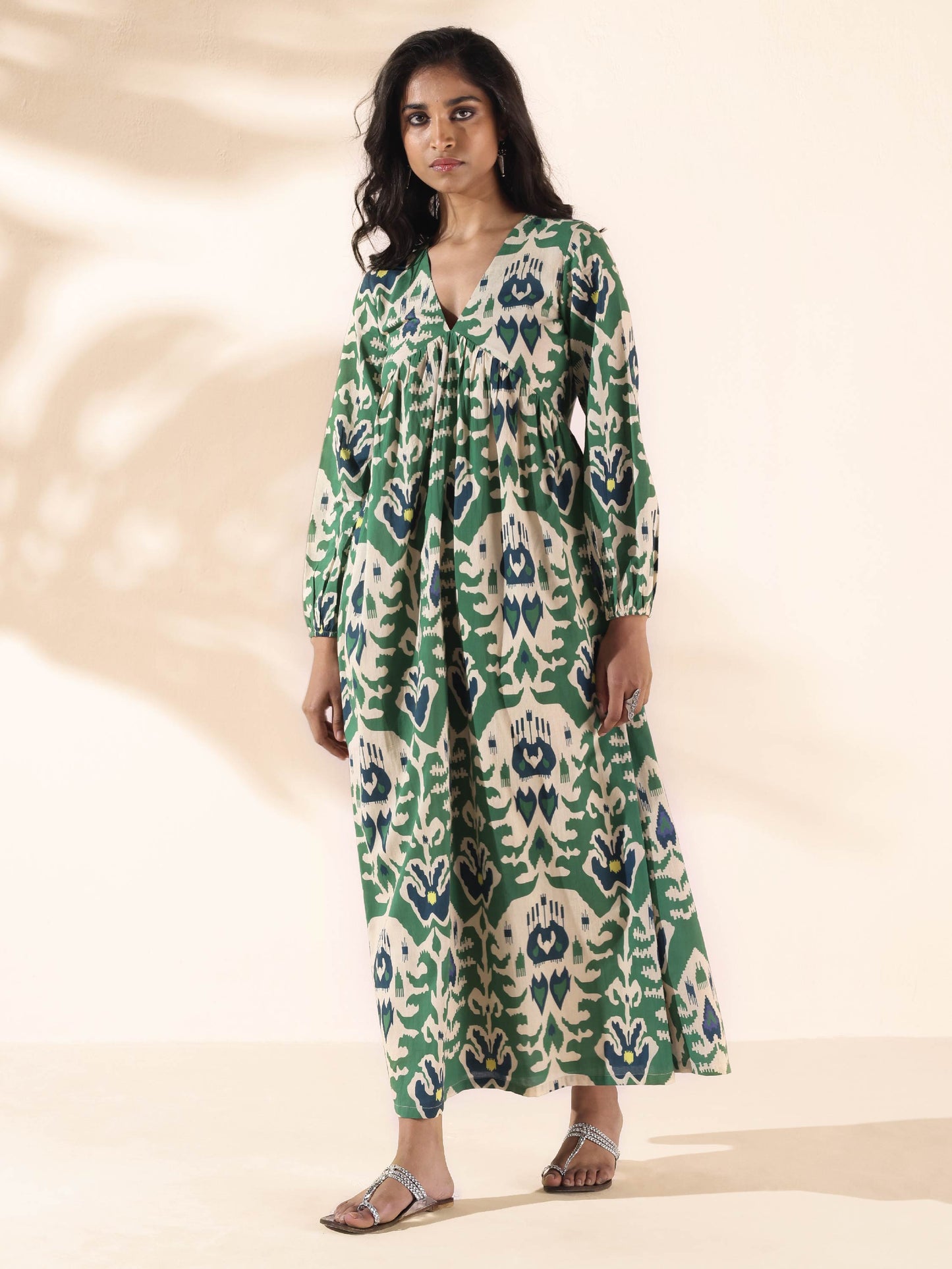 trueBrowns Green Cotton Ikat Flared Dress | Swadesiicart