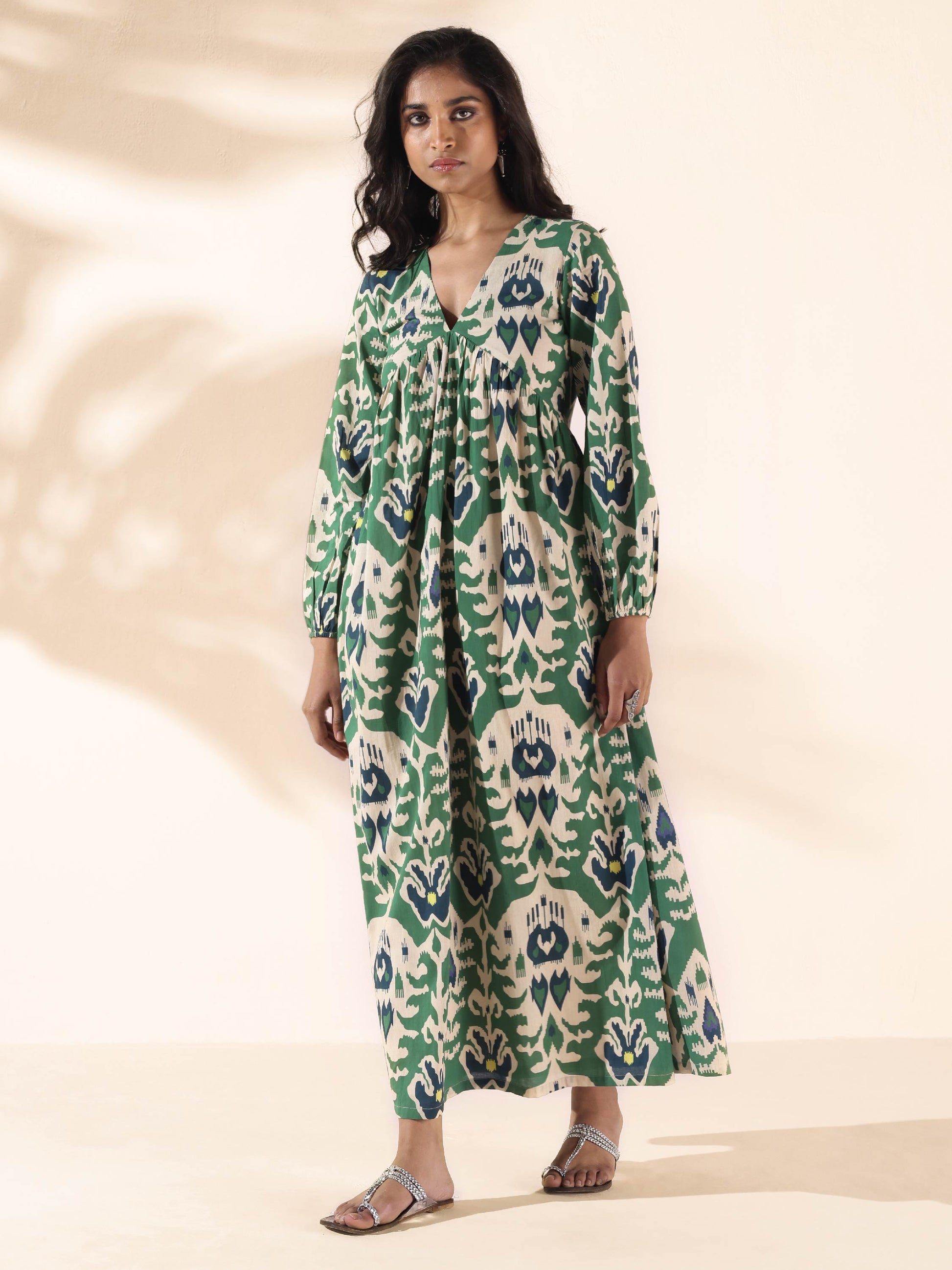 trueBrowns Green Cotton Ikat Flared Dress | Swadesiicart