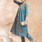 InWeave Women's Blue Orange Floral Yellow White Leh V Neck Kurta Set - Swadesiicart