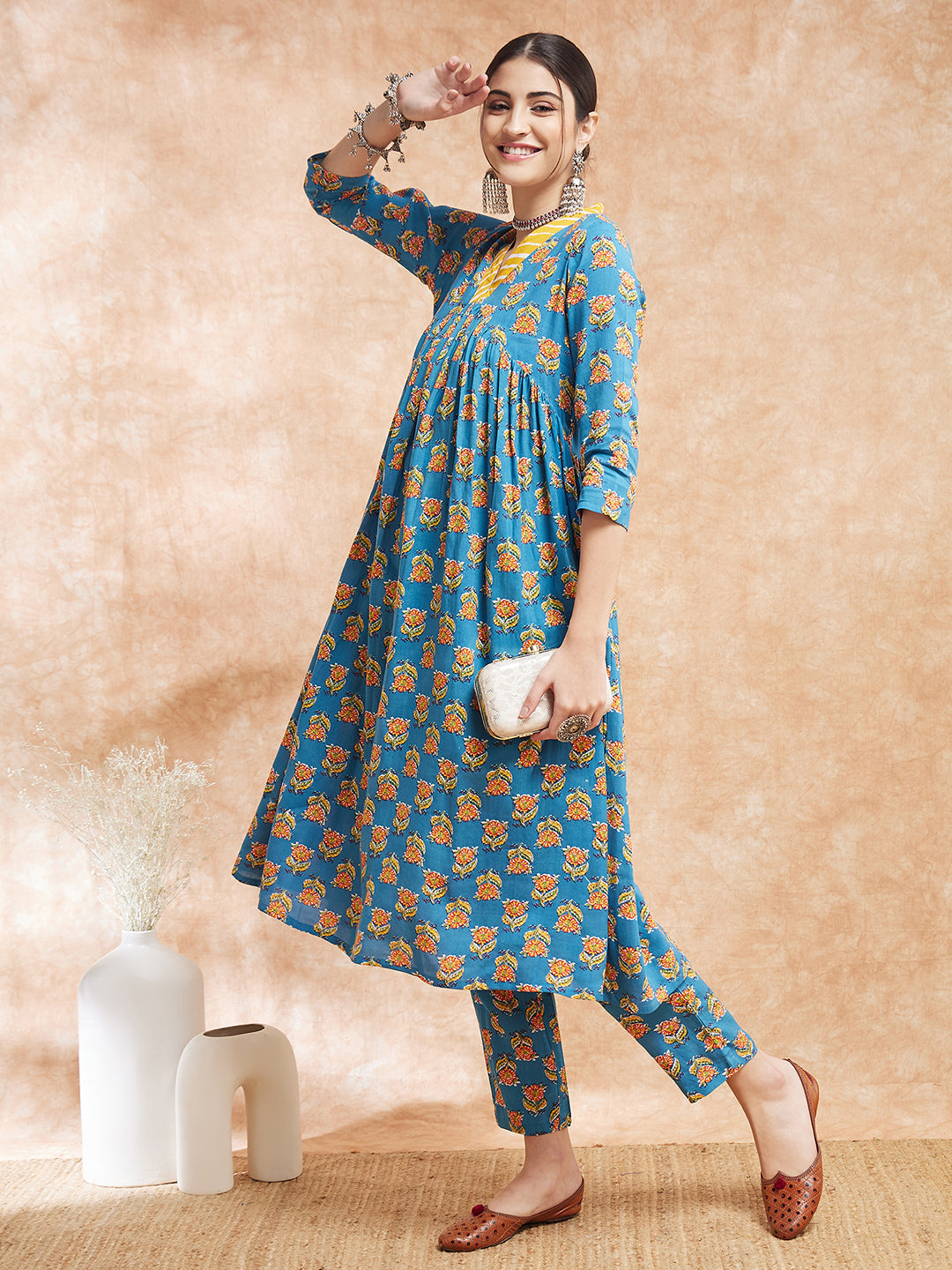 InWeave Women's Blue Orange Floral Yellow White Leh V Neck Kurta Set - Swadesiicart