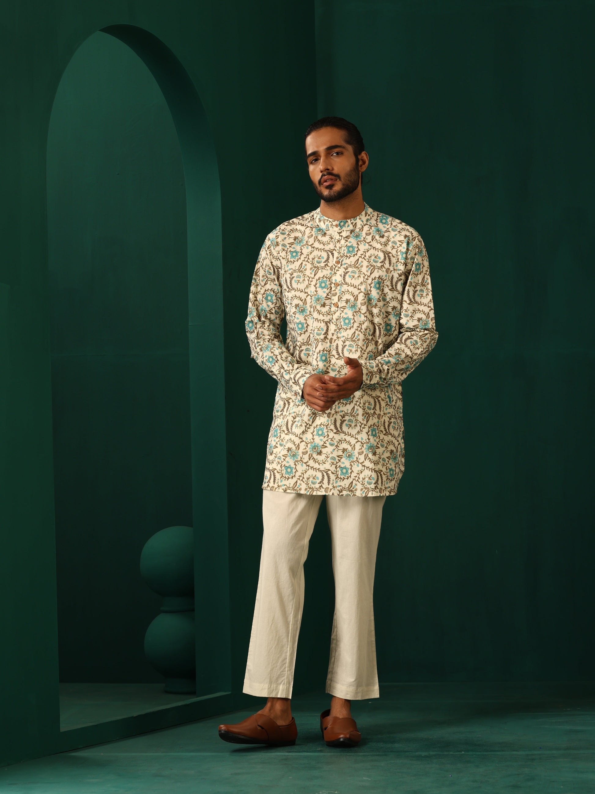trueBrowns Men's Teal Floral Cotton Printed Co-ord Set - Swadesiicart