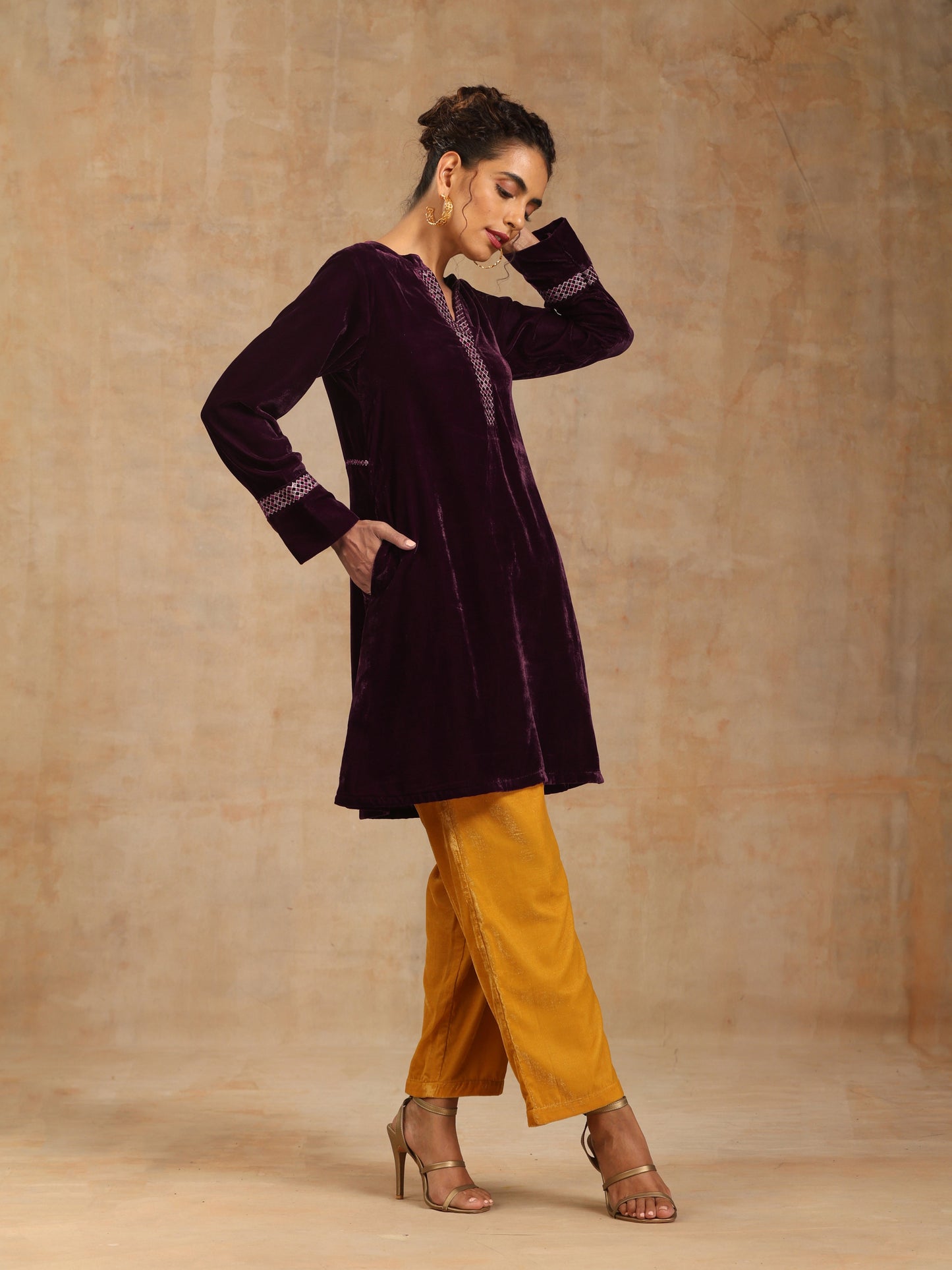 trueBrowns Wine Velvet Placket Embroidered Co-ord Set - Swadesiicart