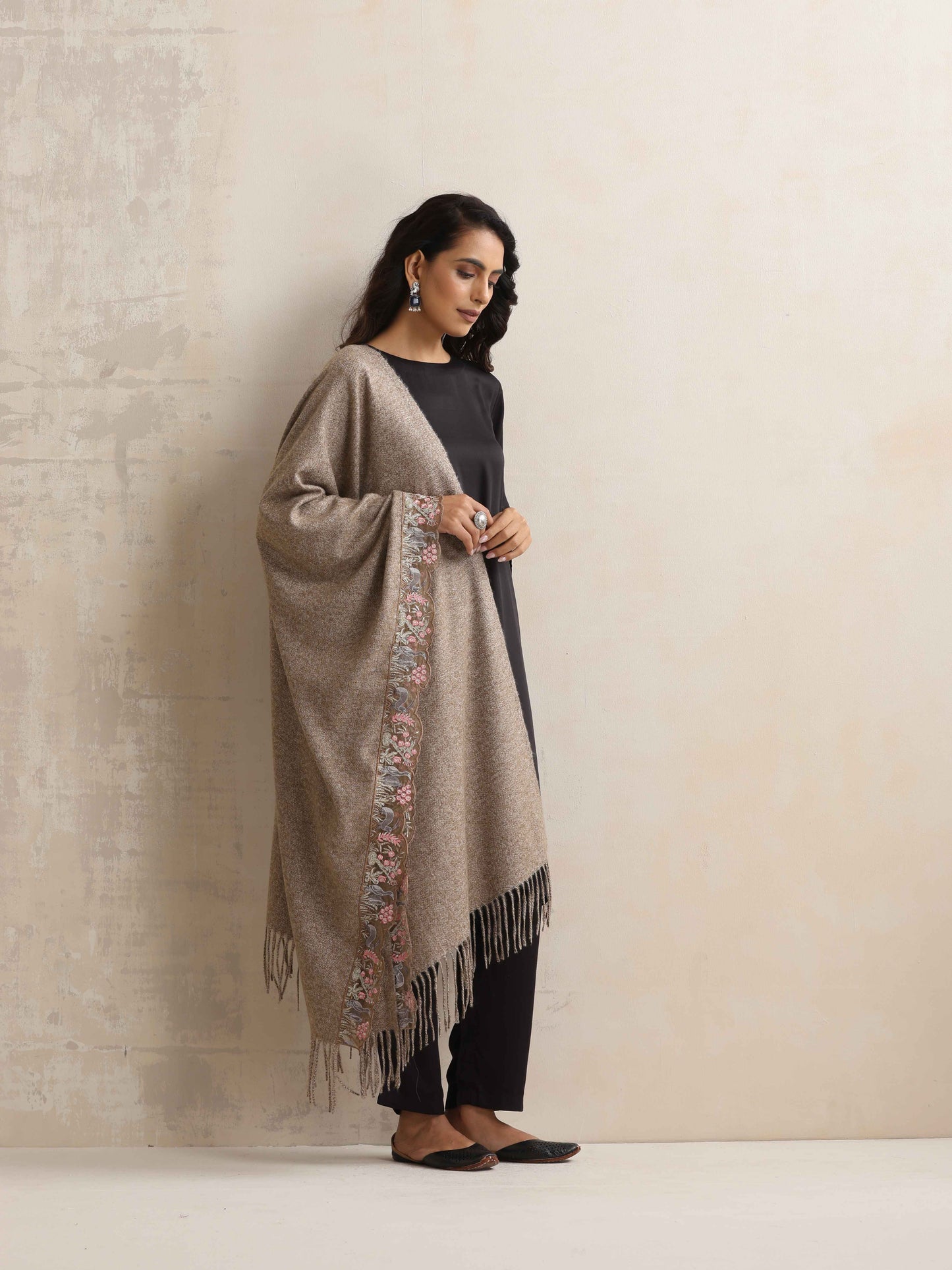 trueBrowns Beige Embroidered Woollen Stole | Swadesiicart