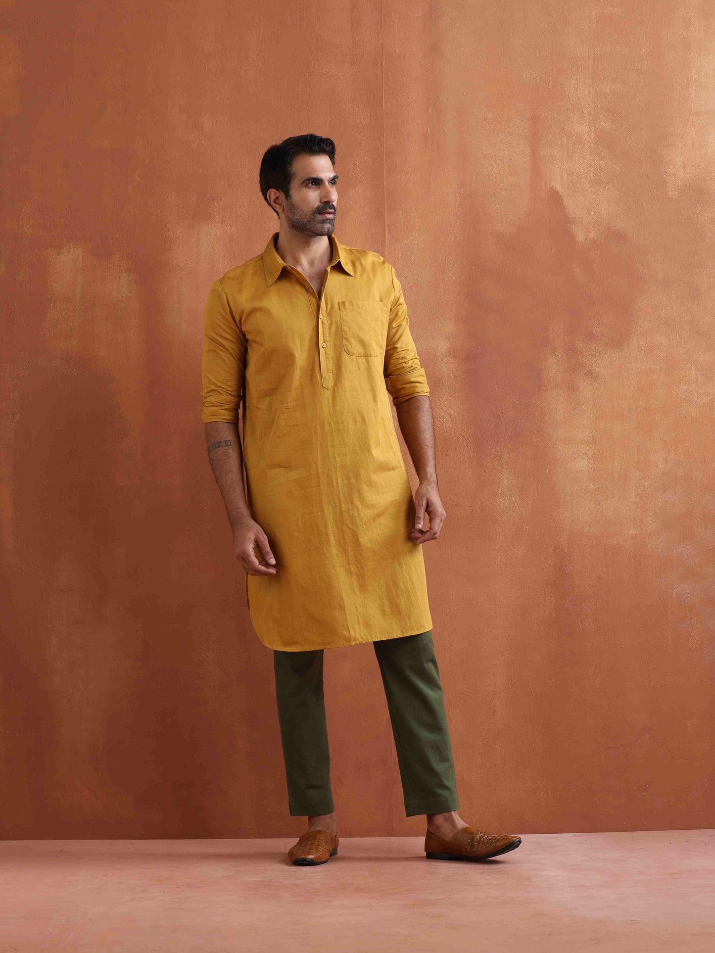 trueBrowns Men's Mustard Cotton Kurta | Swadesiicart