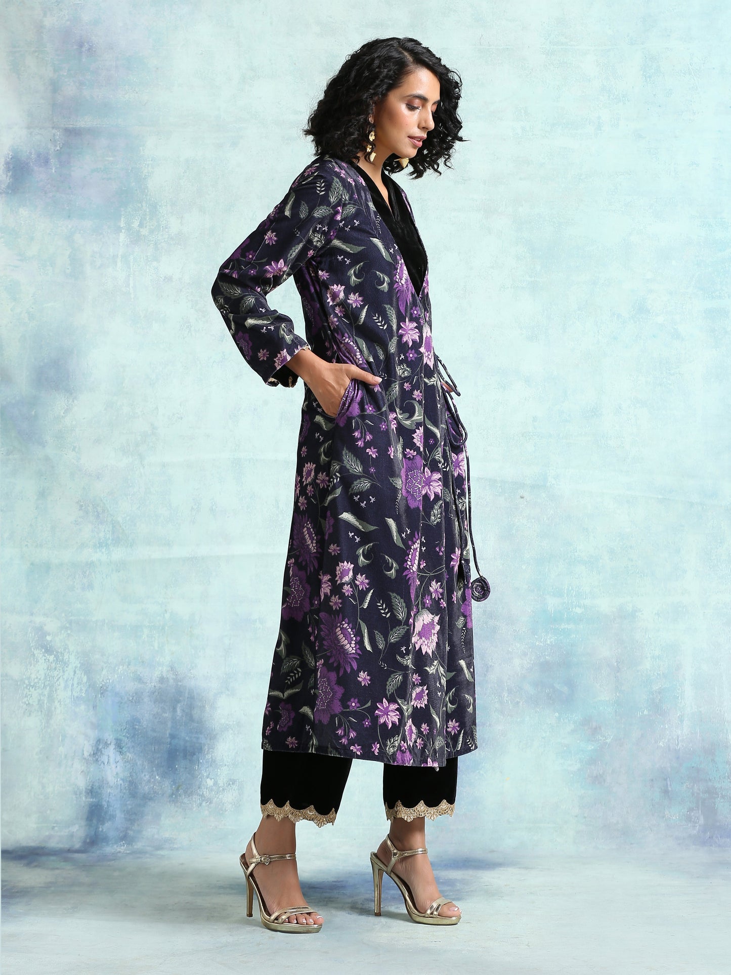 trueBrowns Black Printed Velvet Angrakha Jacket | Swadesiicart