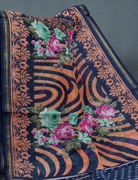 Shades of Navy Blue Colour Floral Design Semi Chanderi Saree By Gayathri Reddy Designer Studio | Swadesiicart